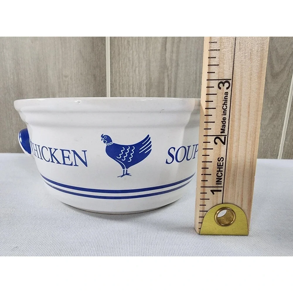 FTDA Chicken Soup Bowl White Blue Vintage 1985 Farmhouse Ceramic Cottagecore